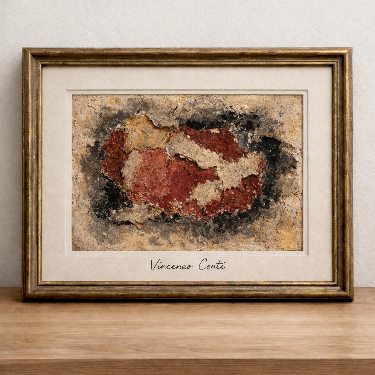 Abstract artwork on wooden shelf